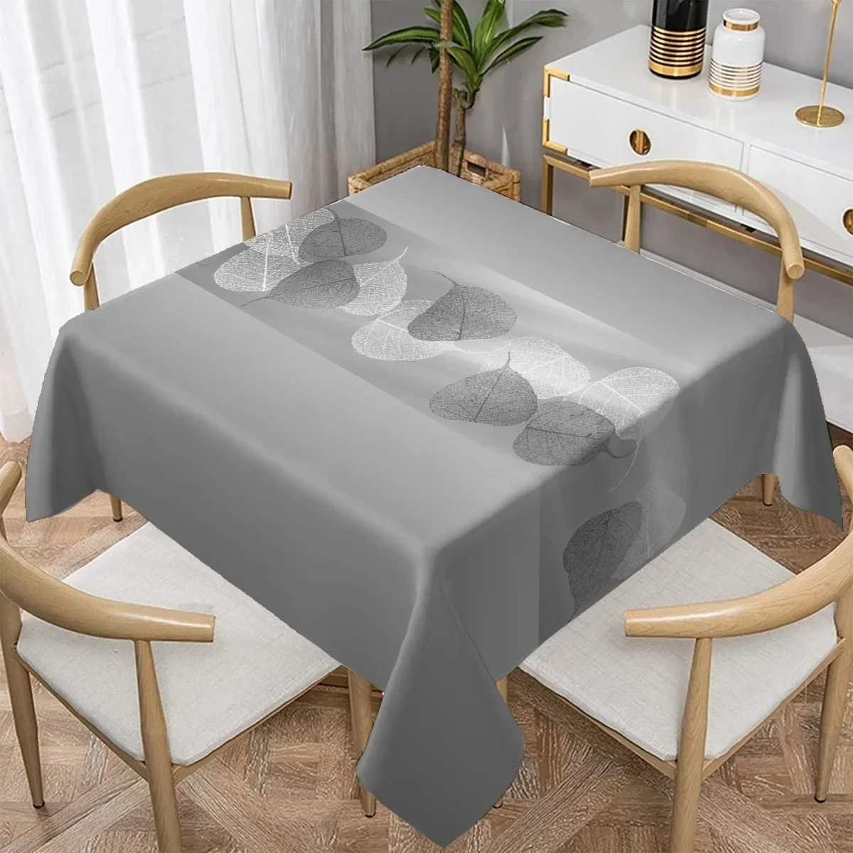 1pc Party Tablecloth, Light Gray Base with Sketch Gradient of Leaves, Minimalist Party Tablecloth Polyester Fabric, Yzb