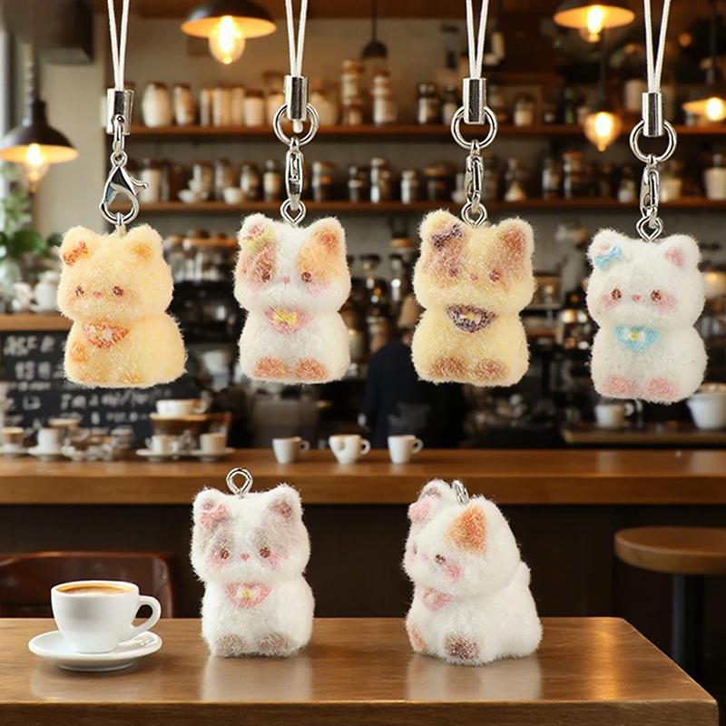 Kawaii Plüsch-Katzen-Schlüsselanhänger, beflockter Tieranhänger, Handy-Lanyard, Schlüsselband-Charm für Mädchen, DIY-Accessoire, süßes Geschenk