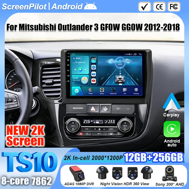 Android 16 For Mitsubishi Outlander 3 GF0W GG0W 2012-2018 Car Radio Stereo Head Unit  Multimedia Video Player  2K QLED 9 Inch 5G