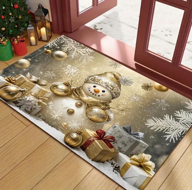 Festive Snowman Christmas Doormat in Gold White with Snowflake Gift Candy Stick Suitable for Home Entrance Outdoor Decoration
