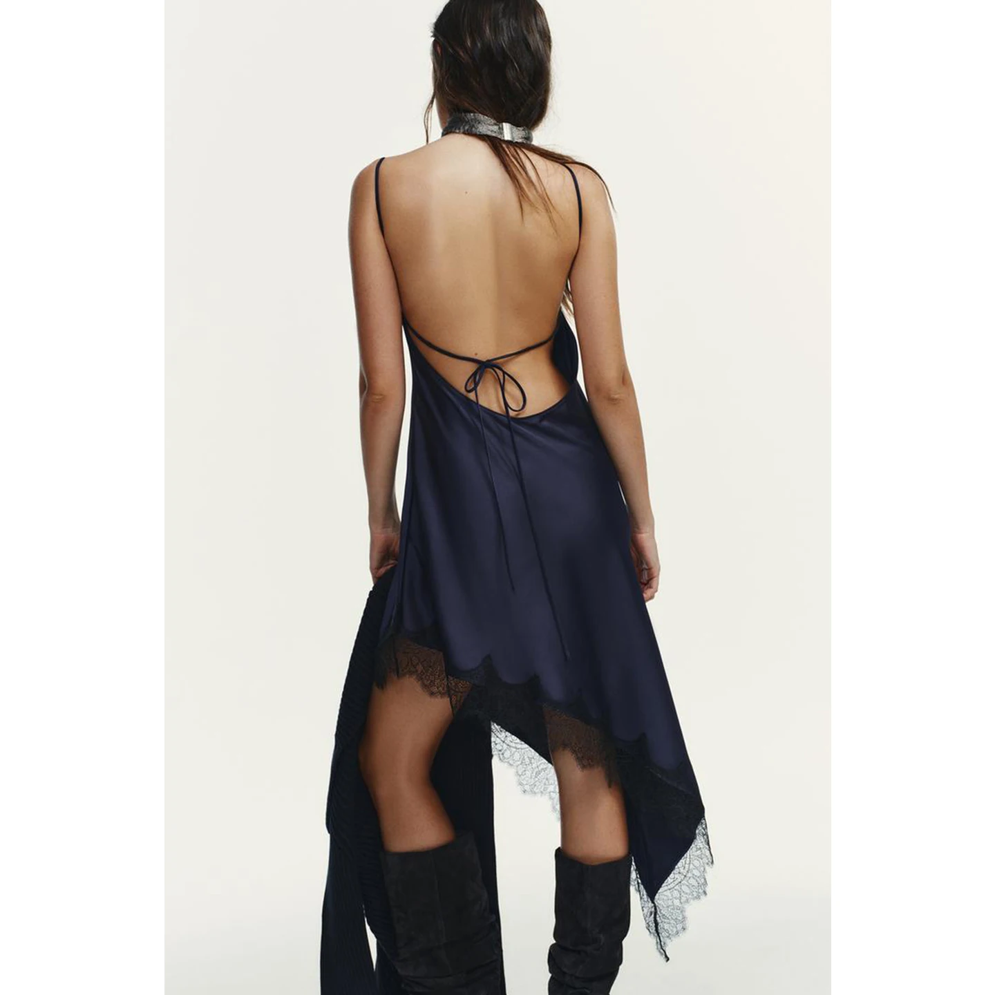 Hiver nouveau femmes Ins Sle coeur col soie Satin sensation dentelle asymétrique Dr v-ne Svel coupe ajustée décontracté Dr