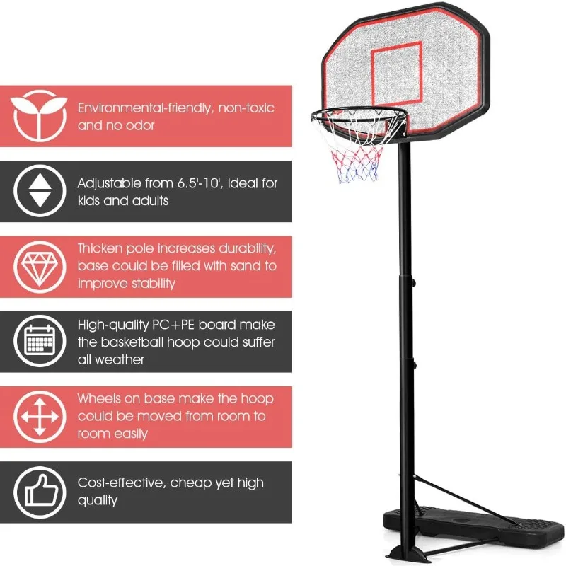 Giantex Supporto per canestro da basket portatile, altezza regolabile 6,5-10 piedi, tabellone da 43 pollici, per bambini, giovani, uso interno ed esterno