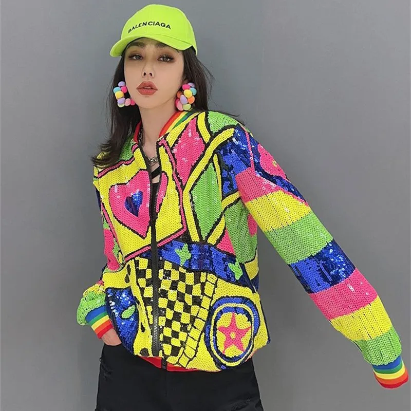 Streetwear Spring Autumn Coat Women Jackets Cartoon Cute Colorful Hearts Sequins Loose Oversized Outwear Baseball Coats NZ58