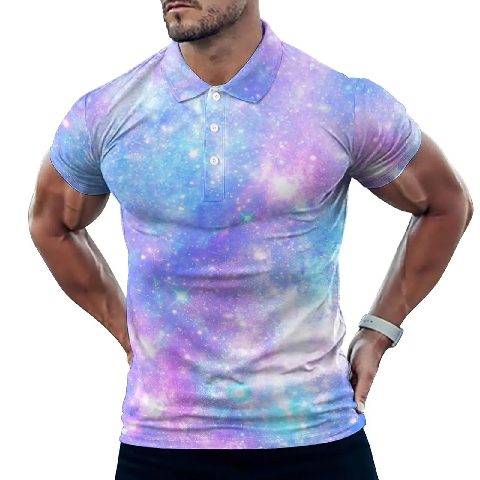 

Pink Blue Galaxy Casual T-Shirts Colorful Outer Space Polo Shirt Men Y2K Shirt Summer Short Sleeves Graphic Top Big Size 5XL 6XL