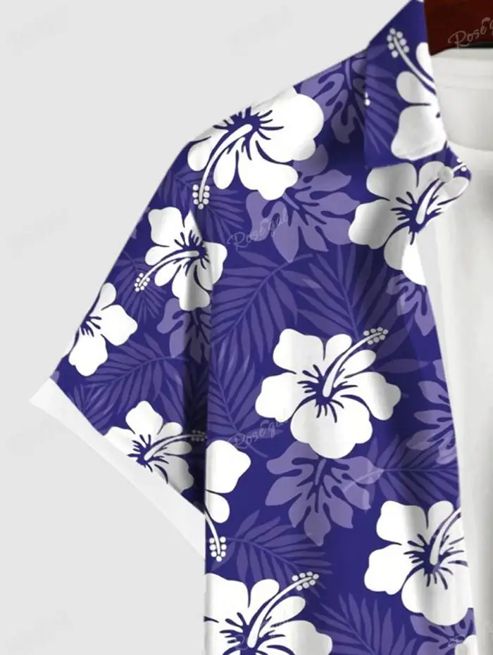 S-3X Plus Size Matching Hawaii Beach Outfit For Couples Flower Palm Leaf Printed Shirt For Men Same Style Dress