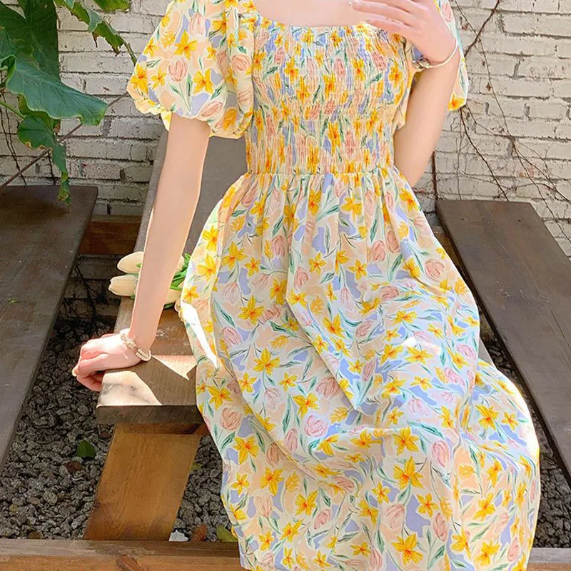 French Style Casual Fashion Grace Young Style Bubble Sleeves Yellow Flower Dress Summer Large Size Loose Slim Knee Over Dress