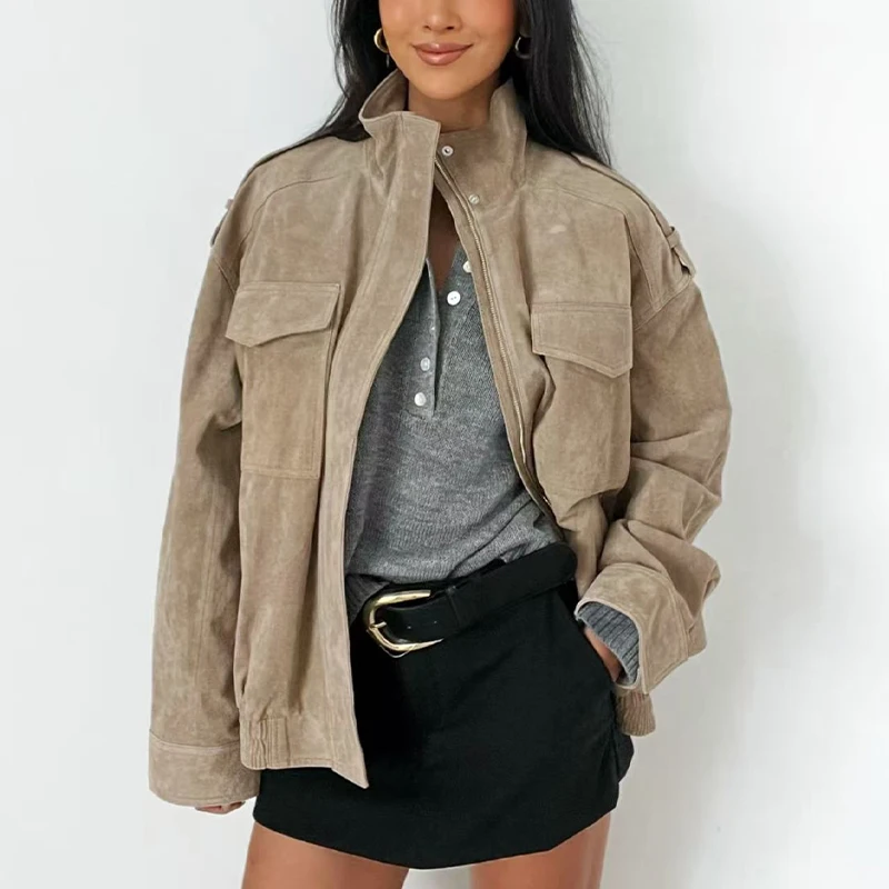 سترة عمل من جلد الغزال بتصميم متخصص وياقة واقفة وسترة فضفاضة مناسبة على طراز الشارع ملابس نسائية عصرية متعددة الاستخدامات للخريف والشتاء #2