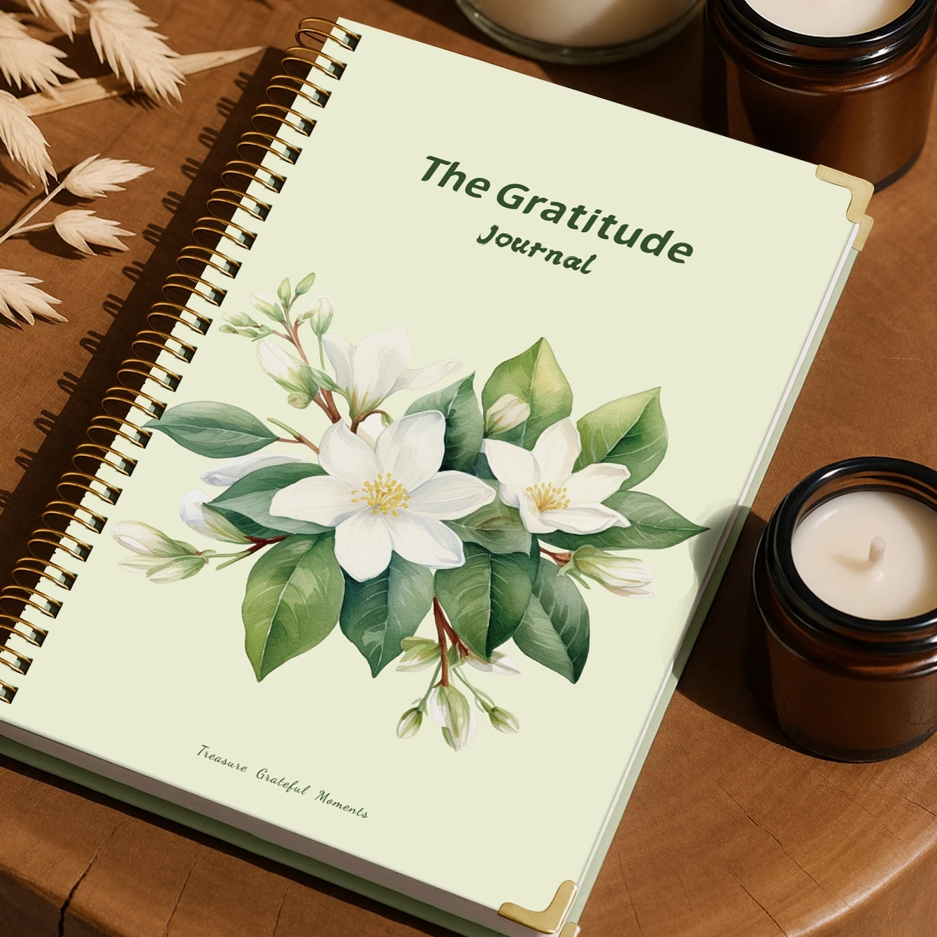 Journal de gratitude A5, carnet guidé quotidiennement avec invite pour la remerciement, les affirmations positives, couverture florale reliée à spirale