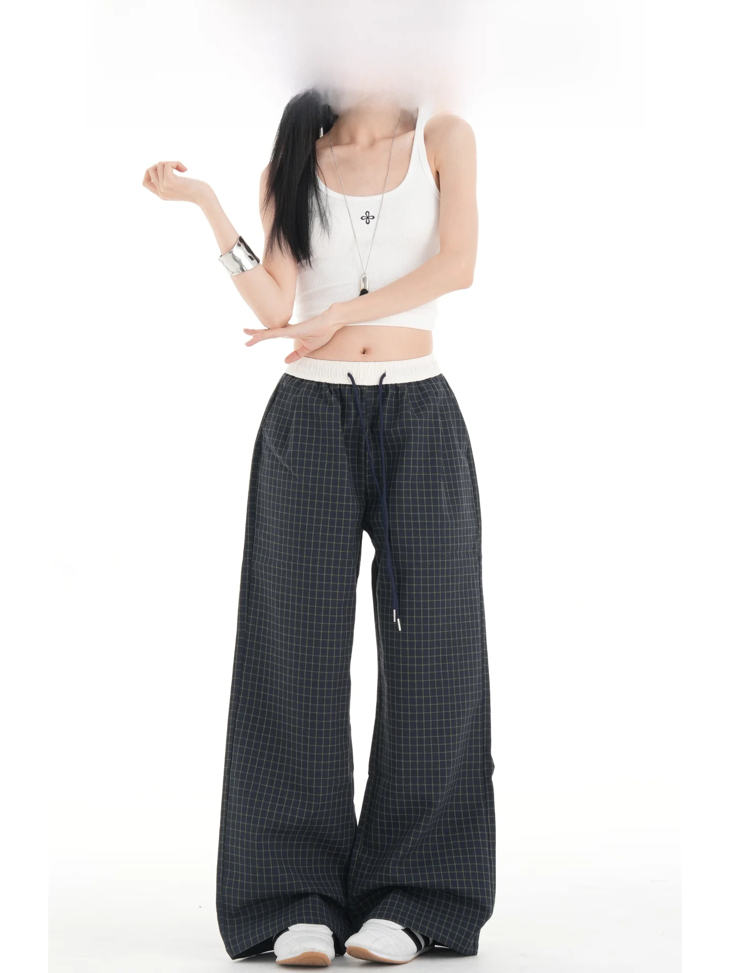 

American Retro Plaid Wide Leg Pants Women's High Waist Loose Casual Straight Loose Sports Trousers Spring Season Ladies