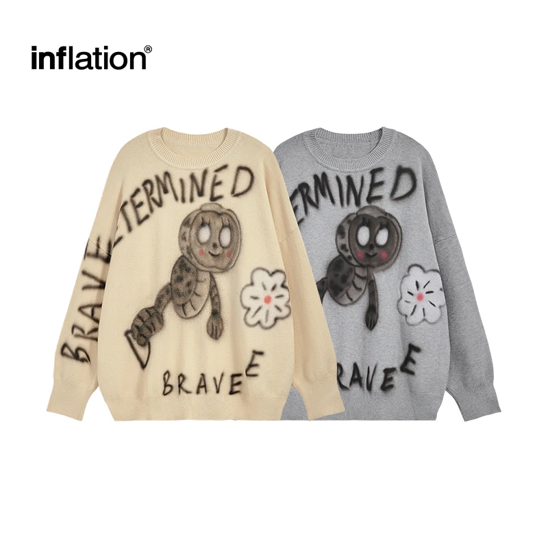 INFLATION Cartoon Grafik Pullover Unisex Loose Fit Trendy Streetwear Casual Strickwaren Pullover