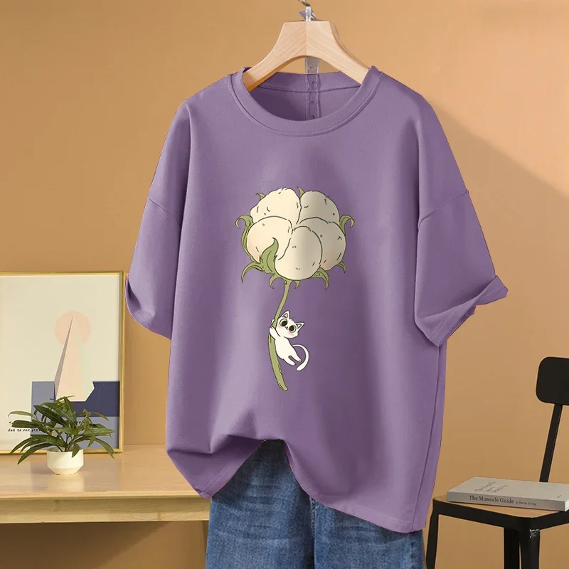 EBAIHUI 100% Cotton L-5XL T Shirt Plus Size Tshirt Short Sleeve Cartoon Women Top Summer Sweet Couple O Neck Oversized T Shirts