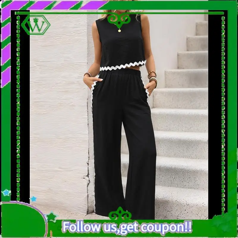 

A18P-Womens Summer 2 Piece Outfits Sleeveless Cropped Tank Button Back Top Wide Leg Pants Linen Set