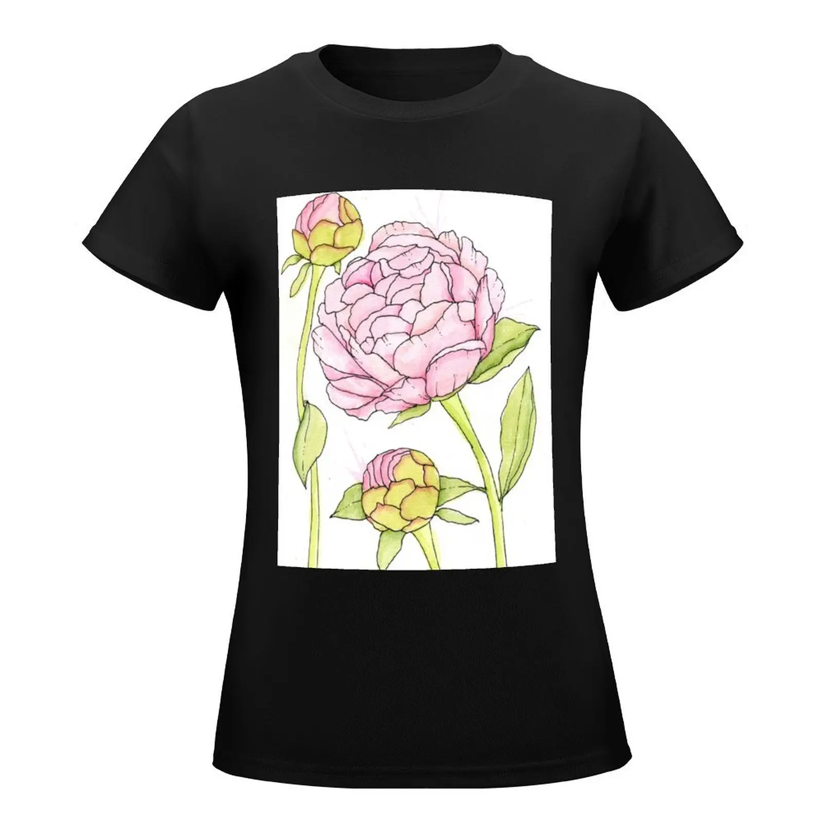 Pink Peony and Peony Buds T-Shirt lady clothes korean fashion hippie clothes Aesthetic clothing black t-shirts for Women