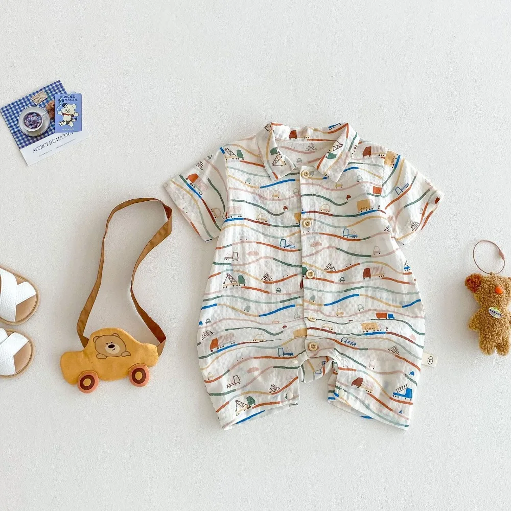 

Комбинезон для мальчиков от 0 до 2 лет, хлопковый комбинезон с короткими рукавами и отложным воротником с мультяшным принтом автомобиля, летняя одежда, модная одежда для новорожденных