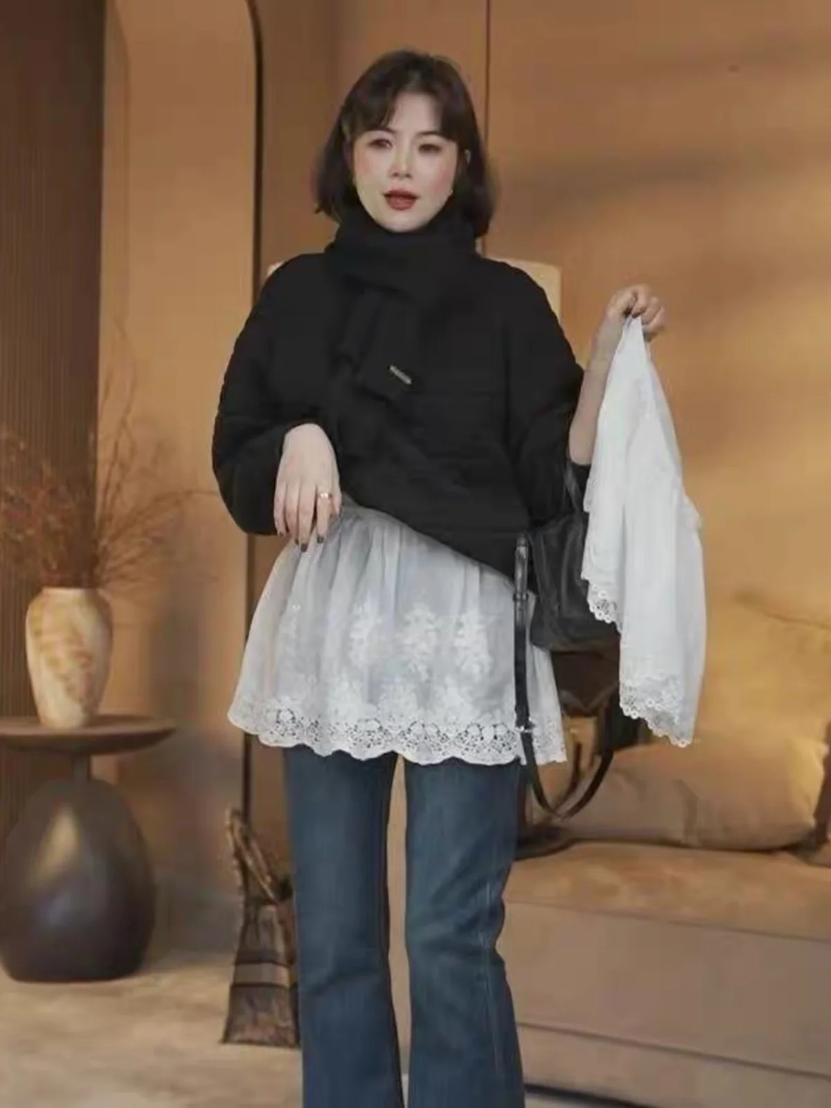 

plus Size Women's White Lace f Skirt ort Sle Base Layer Spring New Arrival Korean Version High Waist Boting Skirt