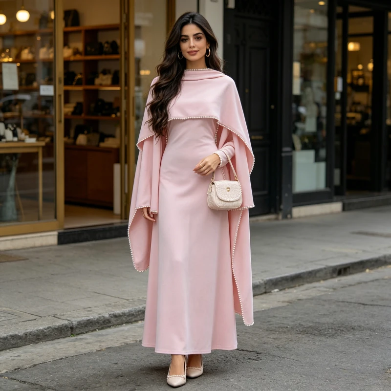 Eid Damenkleid mit Perlenstickerei und Schal, 2-teiliges Set, Muslimische Abaya, Partykleider, Jalabiya, Marokko, Dubai, Kaftan, Islam, Vestidos, Ramadan 2026