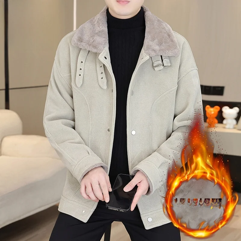 

Thiened Fce Lined Corduroy Jaet Men's Winter Warm Faionable Woolen Coat Cotton Outerwear Regular Sve Length