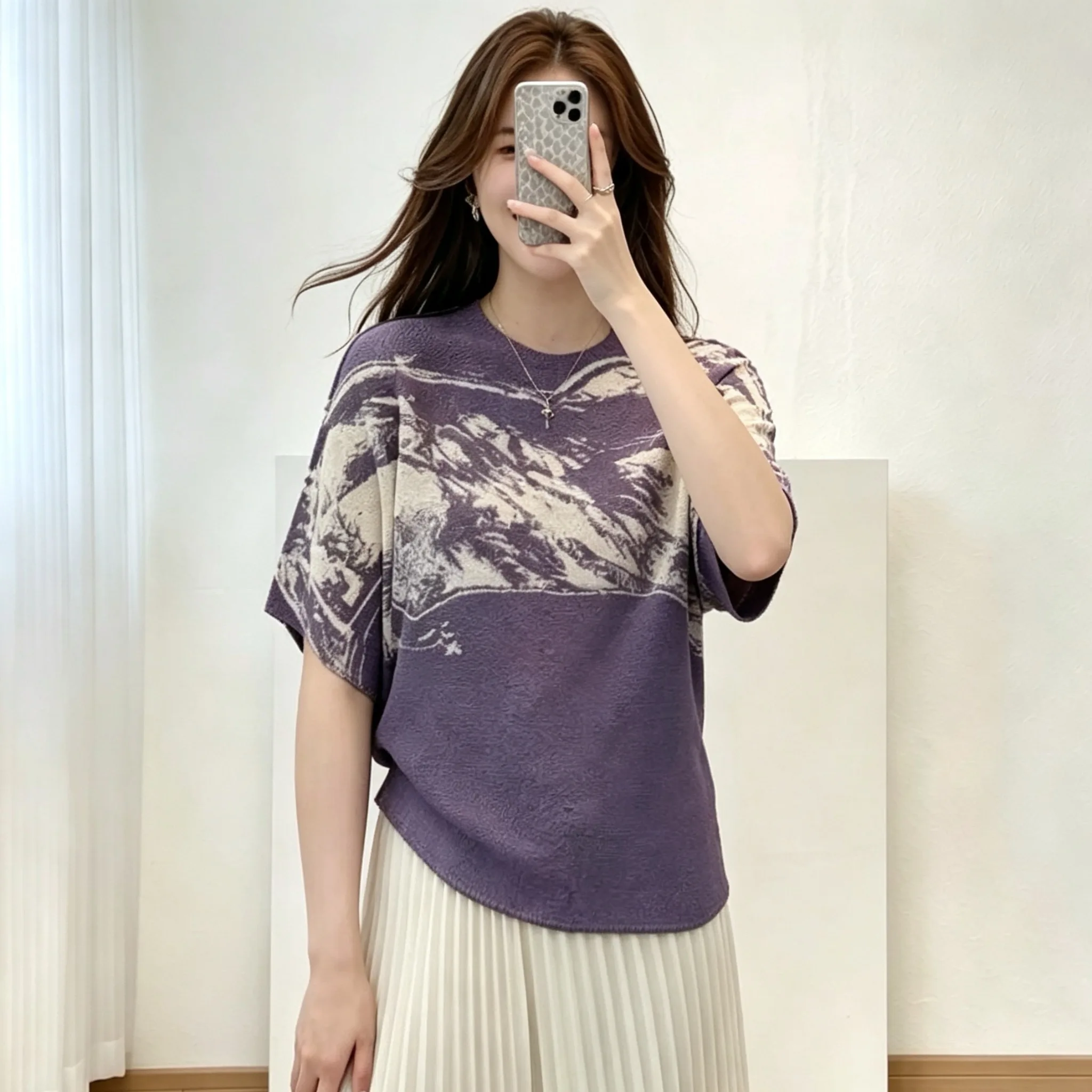 

Loose Fit Printed Short Sleeve T-Shirt Women's plus Size High Elastic round Neck Summer Top Chinese Style Texture Watercolor ...