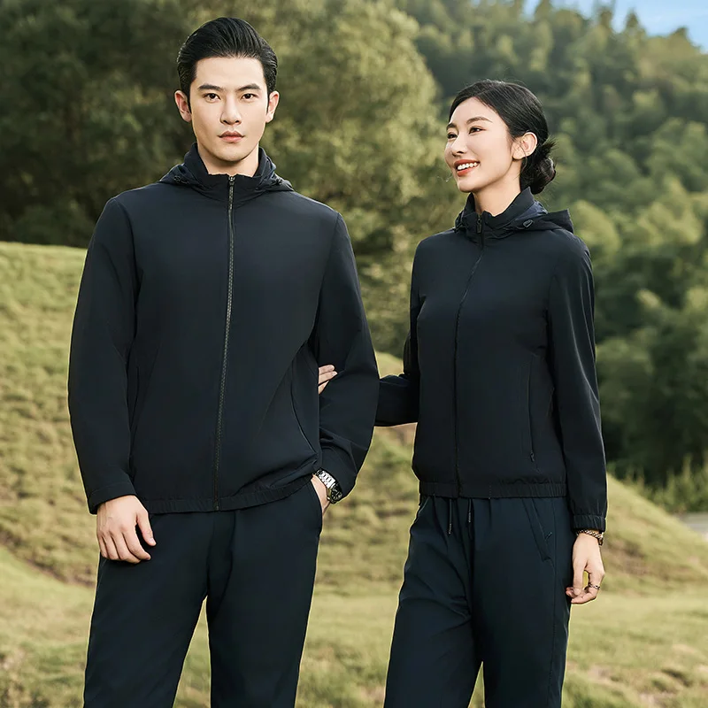 

Unisex Outdoor Hooded Black Jacket with Technical Fabric for Hiking Camping