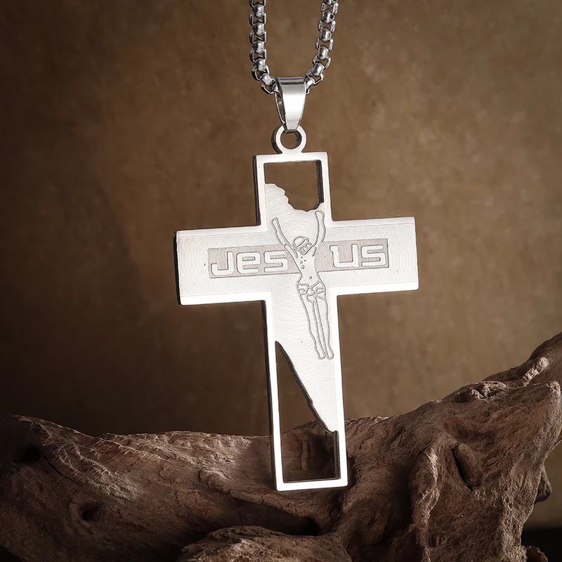Stainless Steel Engraved Jesus Letters Christian Jesus Cross Pendant Necklace Men Women Catholic Faith Prayer Jewelry
