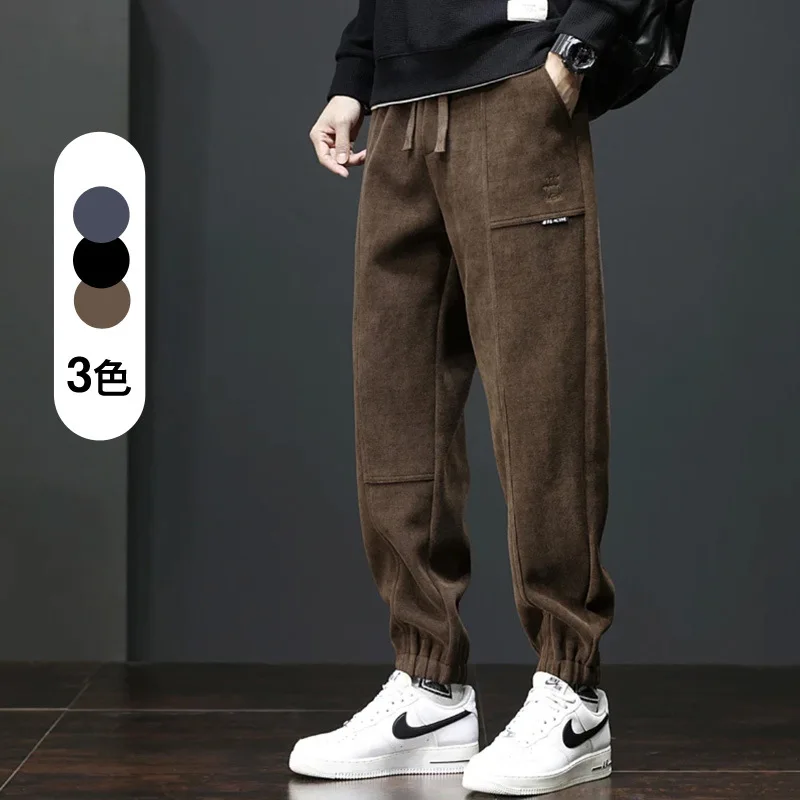 Joggers de forro grueso de terciopelo para hombre, pantalones Cargo informales con cordón, cintura elástica, pantalones de chándal cónicos holgados con bolsillos