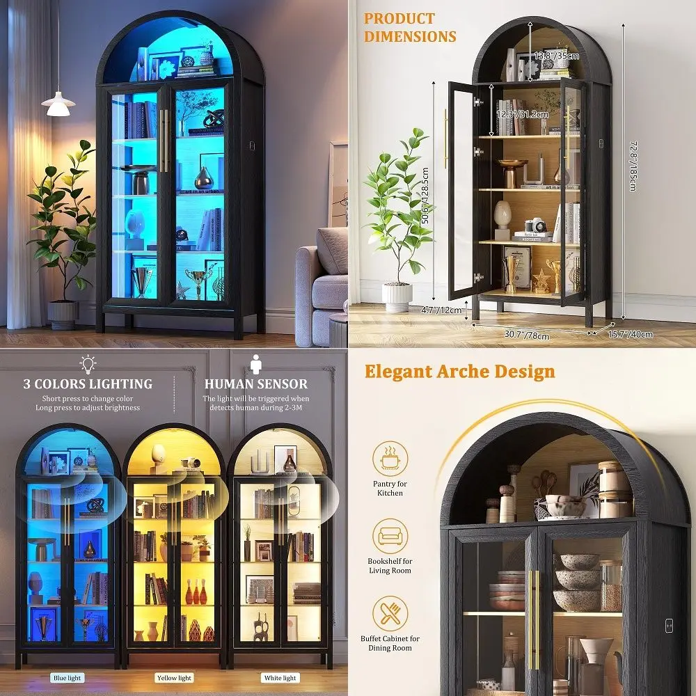 

67 Tall Display Cabinet with Glass Door, 6 Tier Metal Curio Cabinet with 3 Color Lights and 4 Adjustable Shelves, Glass Display