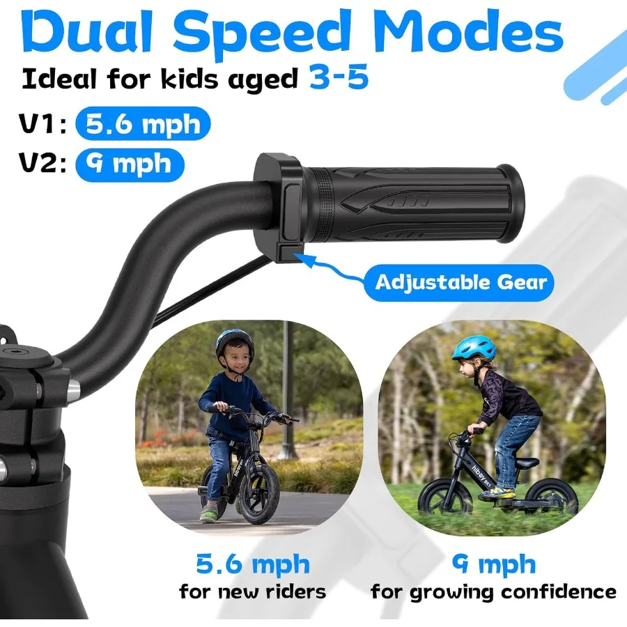 Bici elettrica per pneumatici da 12 pollici Sedile regolabile da 5,6/9 mph Fino a 4,9 miglia Bici elettrica dai 3 ai 5 anni