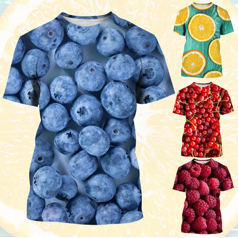 2024 Summer Fresh New Fruit Blueberry Pattern Printing 3dt Shirt Men's Casual Round Neck T-shirt High Quality Fabric Top