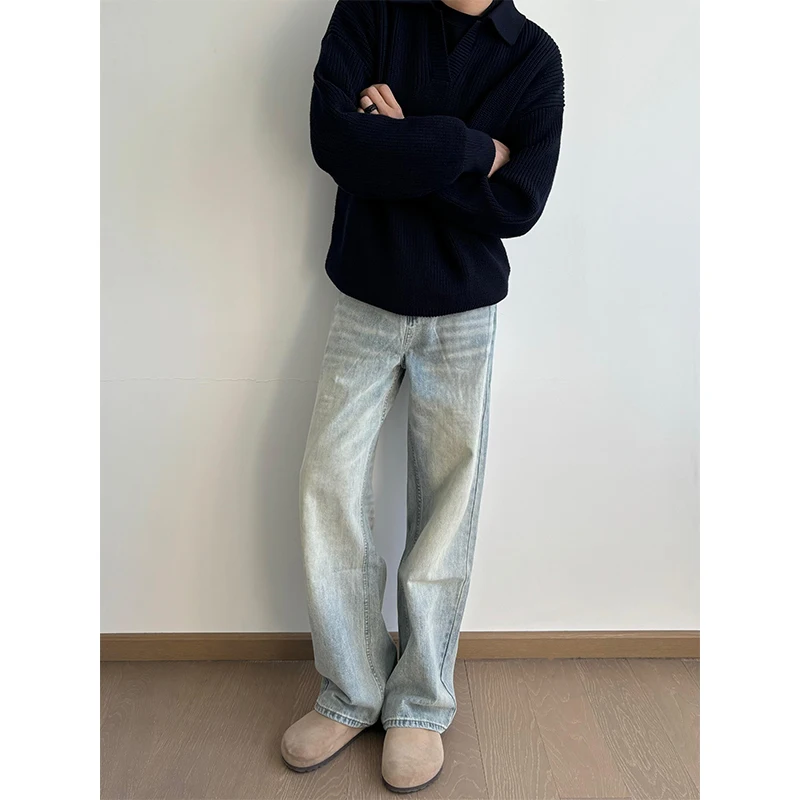 

Light Blue Waed Wide Leg Men's Jeans Loose Straight Cut Trousers American High Street Sle Autumn Winter Casual Denim