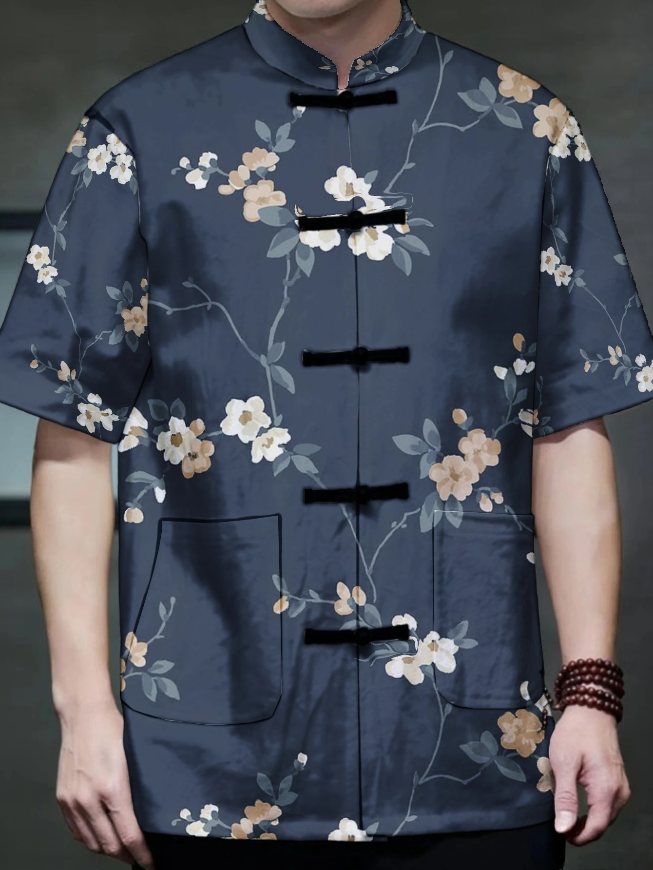 Men Elegant Botanical Blossom Printed Mandarin Collar Shirt Frog Closure Lightweight Travel Casual Apparel