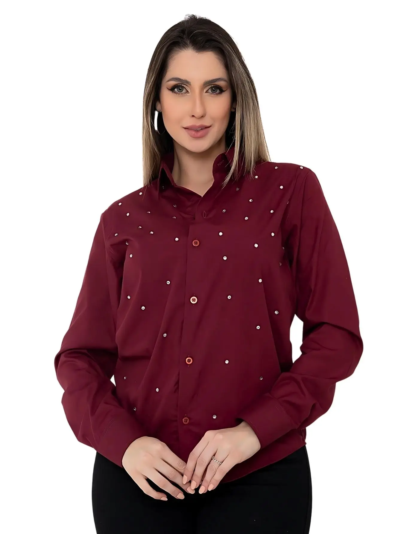 Women's Long Sleeve Slim Slim Long Shiny Chic Long Sleeve Rhinestone Shirt