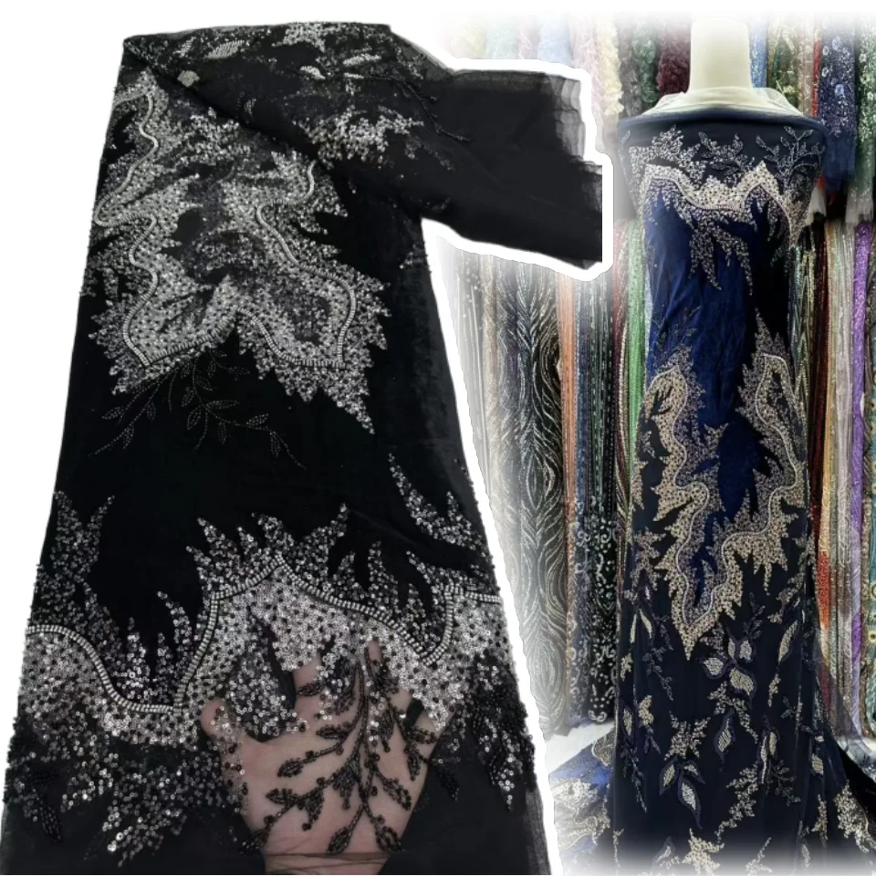 

Luxury Beads Mesh Lace Fabrics Velvet Lace Nigerian African Tulle French Tulle Beaded Net Lace for Women Evening Dresses TP1323