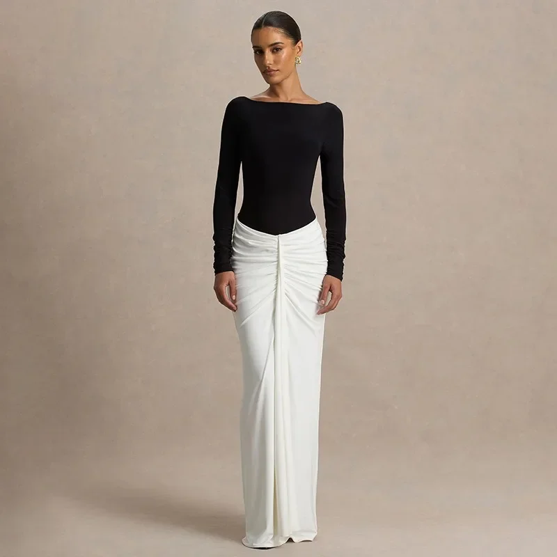 

New style fashionable pleated dress for women new contrast color backless elegant long dress luxurious high-waisted