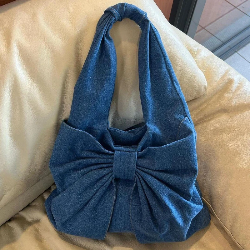 Borsa a tracolla in Denim da donna semplice ed elegante borsa a tracolla per pendolari da donna con fiocco dolce borse sotto le ascelle borse da