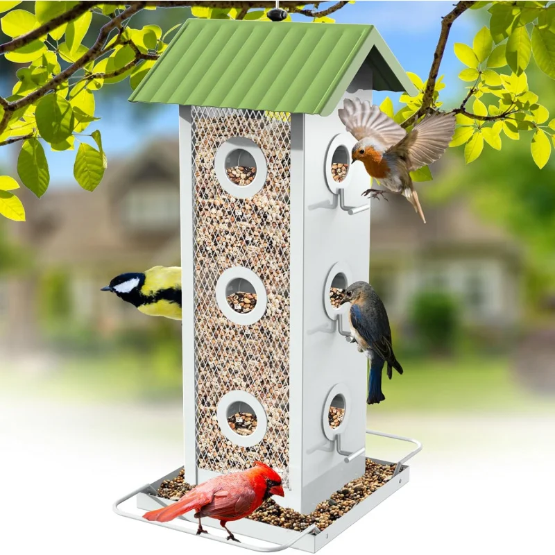 吊り下げ式鳥用フィーダー、金属製、耐候性屋根と種子トレイ付き12ポートフィンチフィーダー、容量2.8ポンド アザミB