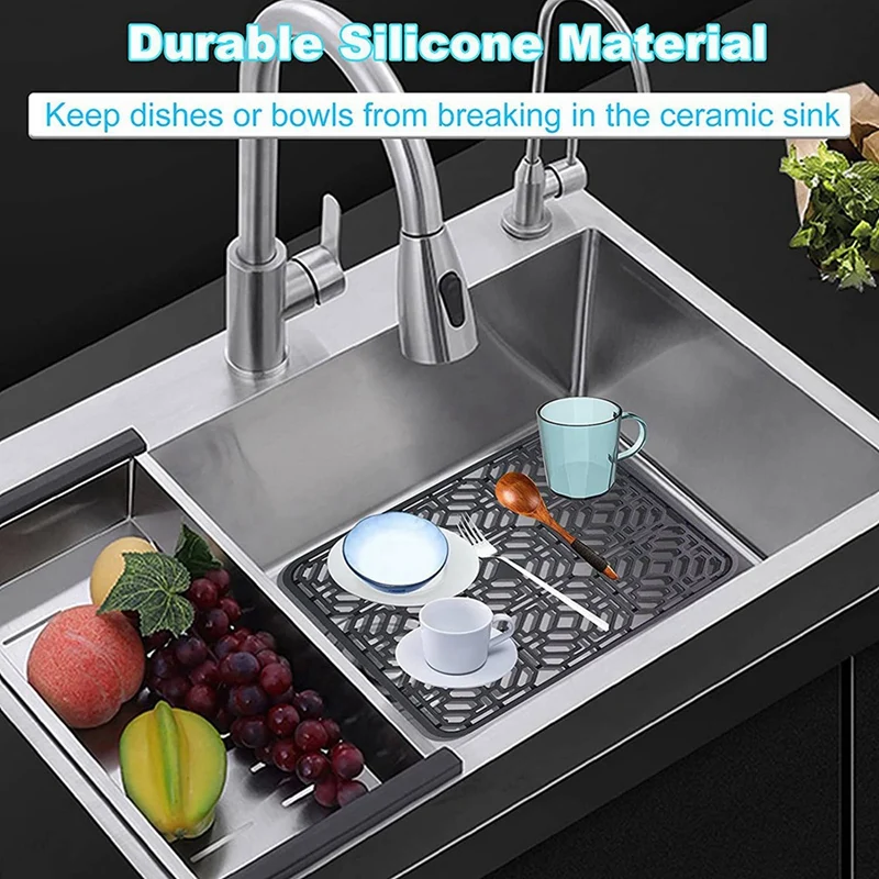 2X protezione per lavello da cucina con tappetino per lavello per lavello inferiore, in acciaio inossidabile o porcellana, calore antiscivolo grigio Silicone