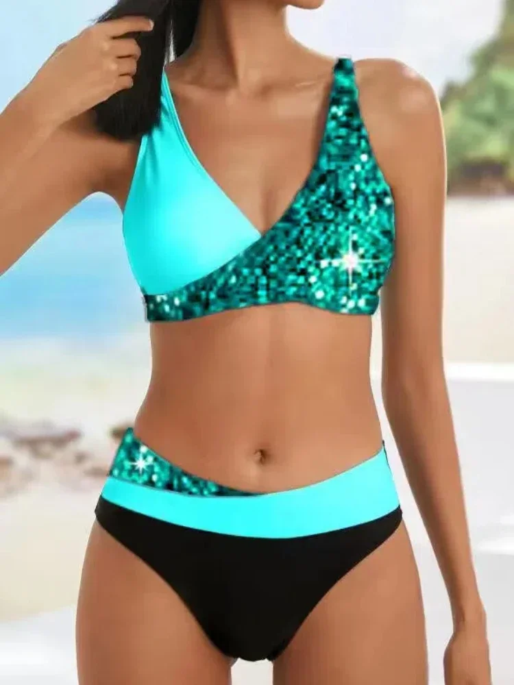 المرأة تألق المطبوعة الترتر مجموعة البكيني مثير قطعتين ملابس السباحة لامع شين عالية الخصر أسفل و رفع أعلى مثير الصيف