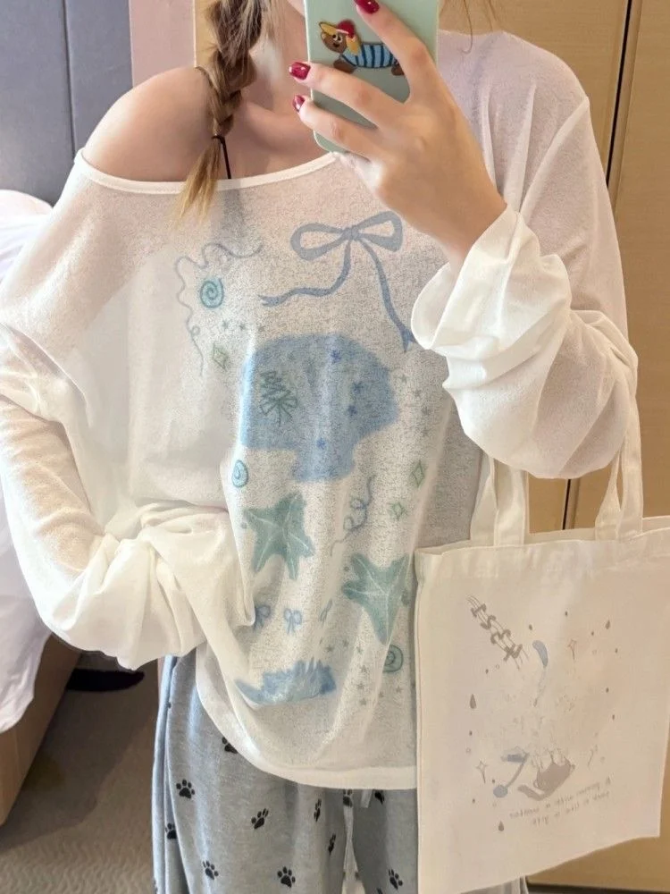 

Sweet Long Sve Thin T-irt Women's Loose College Sle Cute ular Cover up Sun Protection Trendy Korean Version Commute...