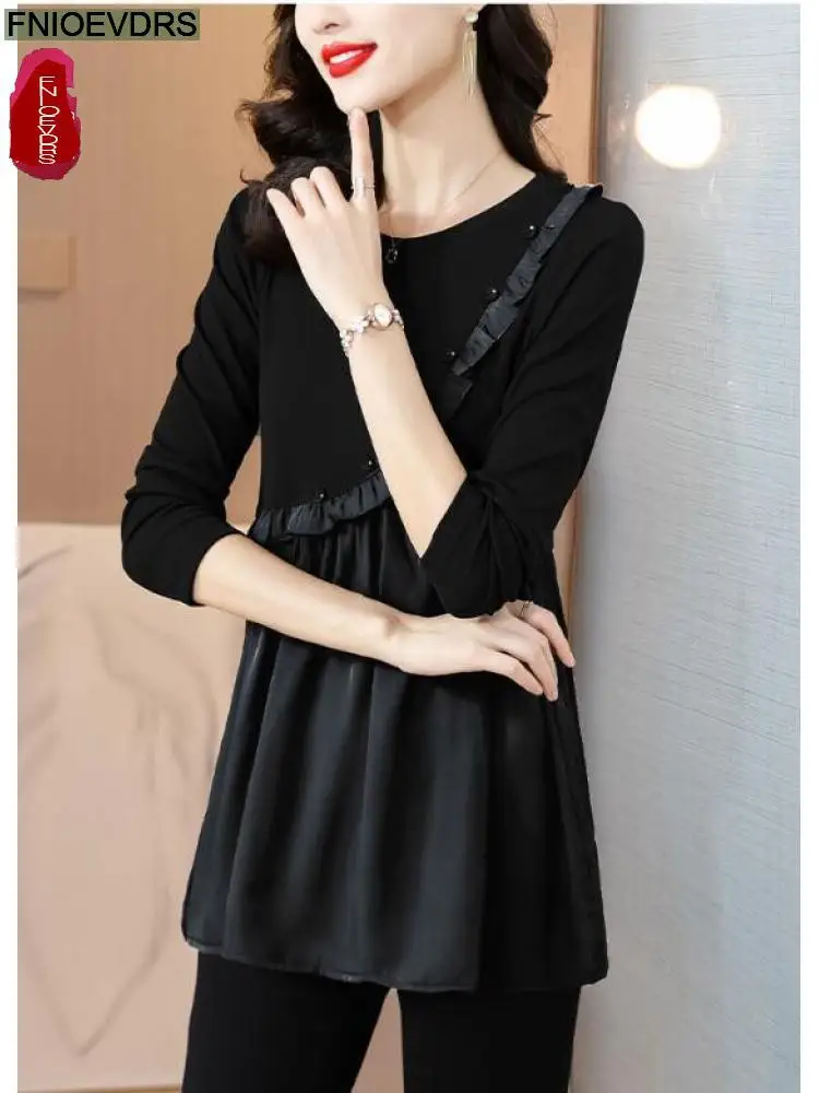 L-5XL Loose Clothes 2023 Women Autumn Elegant Ruffles Basic Shirts Retro Patchwork Black Tunic Peplum Tops And Blouses