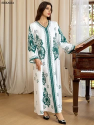 Siskakia Moroccan Saudi Women Kaftan Casual Printing Beading Loose Muslim Homewear V-Neck Arab Abayas Turkish Islam Clothing