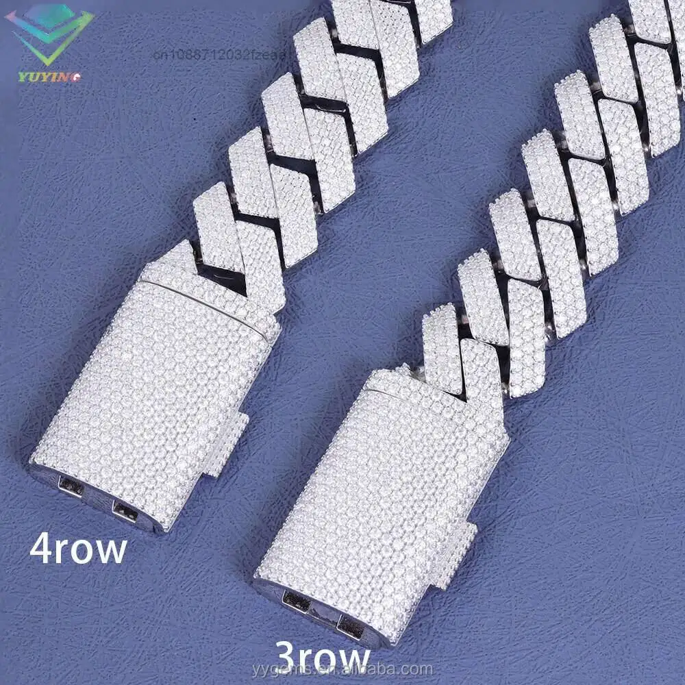 Luxury Rts Heavy Mossanite Cuban Chain Jewelry 3rows 4rows 20mm Wide Hip Hop Necklace S925 Silver Cuban Link Chain Necklace.