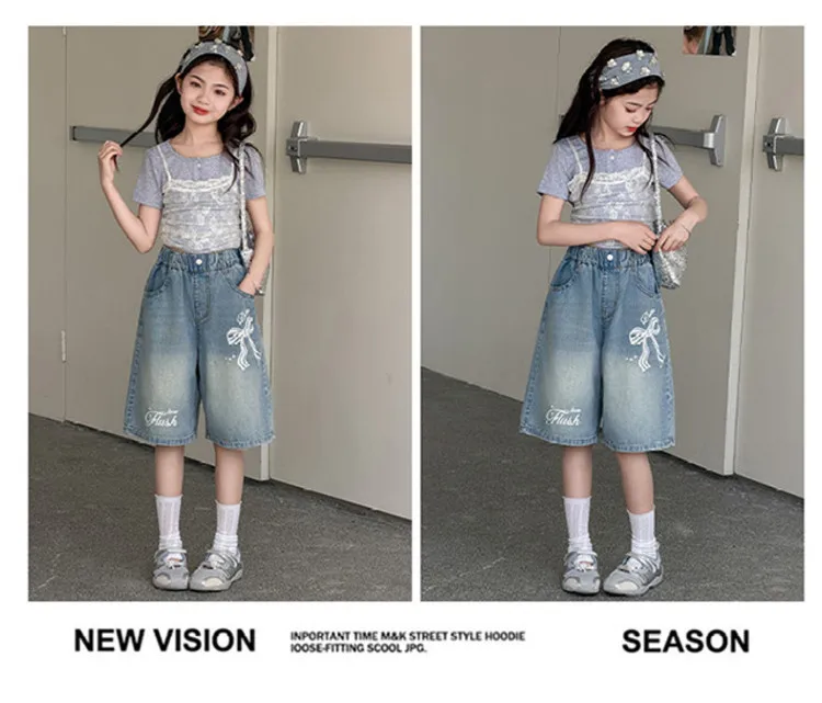 2026 Sommer Kinderkleidung: Jeans-Shorts für Teenager-Mädchen mit Schleifenmuster, elastischem Bund, weitem Bein und mittellanger Länge – Lässige, süße Shorts für Kinder – Detail 8