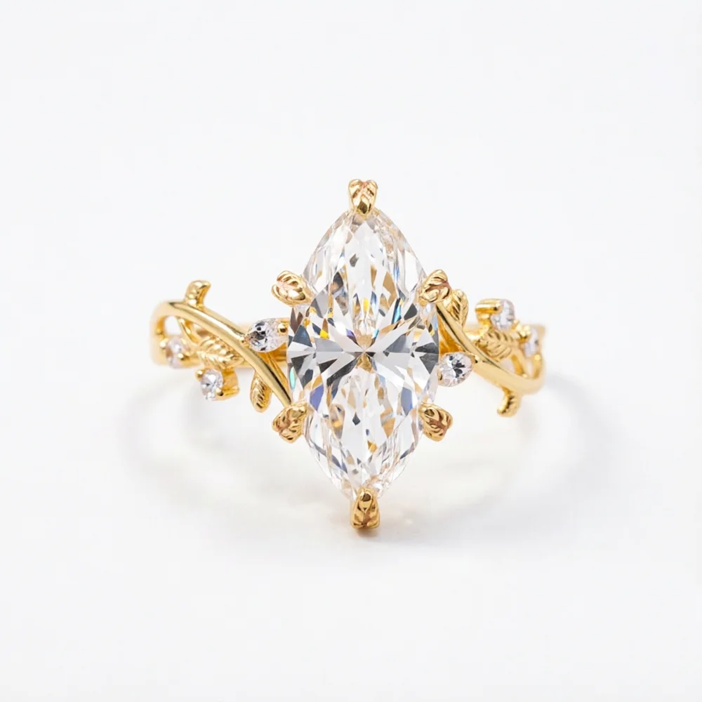 CxsJeremy 3ct Lab Grown Diamond Ring Marquise Cut 14K Gold Vine Leaf Engagement Wedding Rings for Women Luxury Bridal Jewelry view 6
