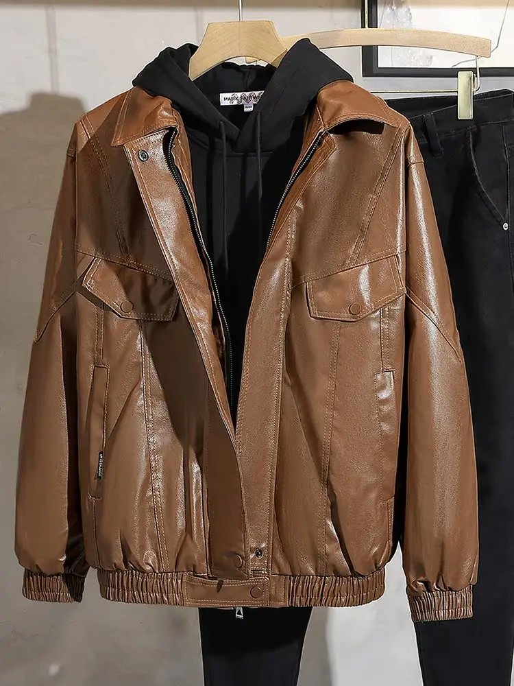 

American Retro Motorcycle Leather Jaet Men's Spring Autumn Loose Casual Cool Sle Jaet Windproof Long Sve Zipper