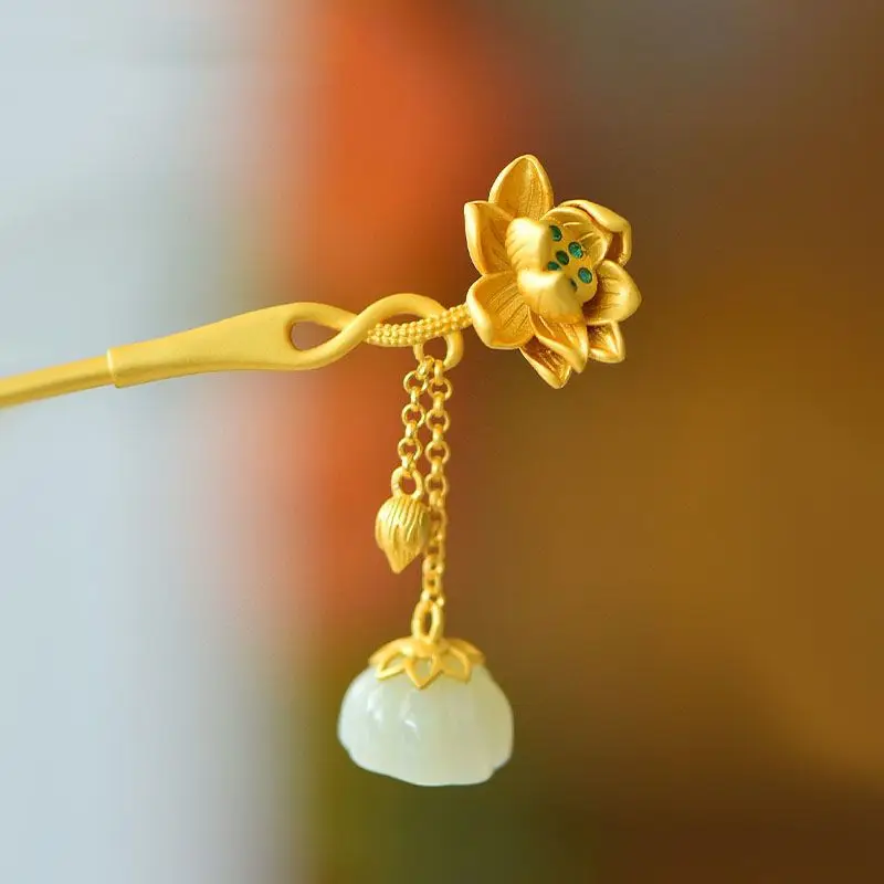 

Natural Hotan White Jade Lotus flower Hair Jewelry Pin Ancient Gold Craft Exquisite Tassel Hairpin Cheongsam Hair Accessories