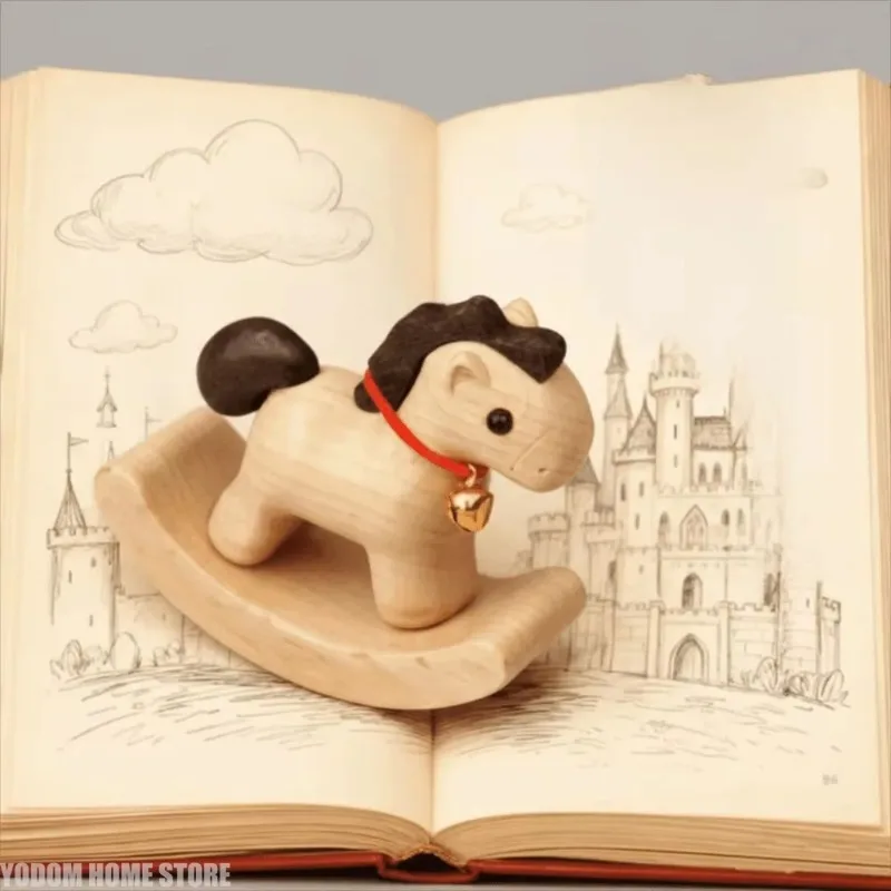 Wooden Material Wooden Rocking Horse Carved Design Nordic Design Miniature Rocking Horse Vintage Style Miniature Size Figurines - Detail 1