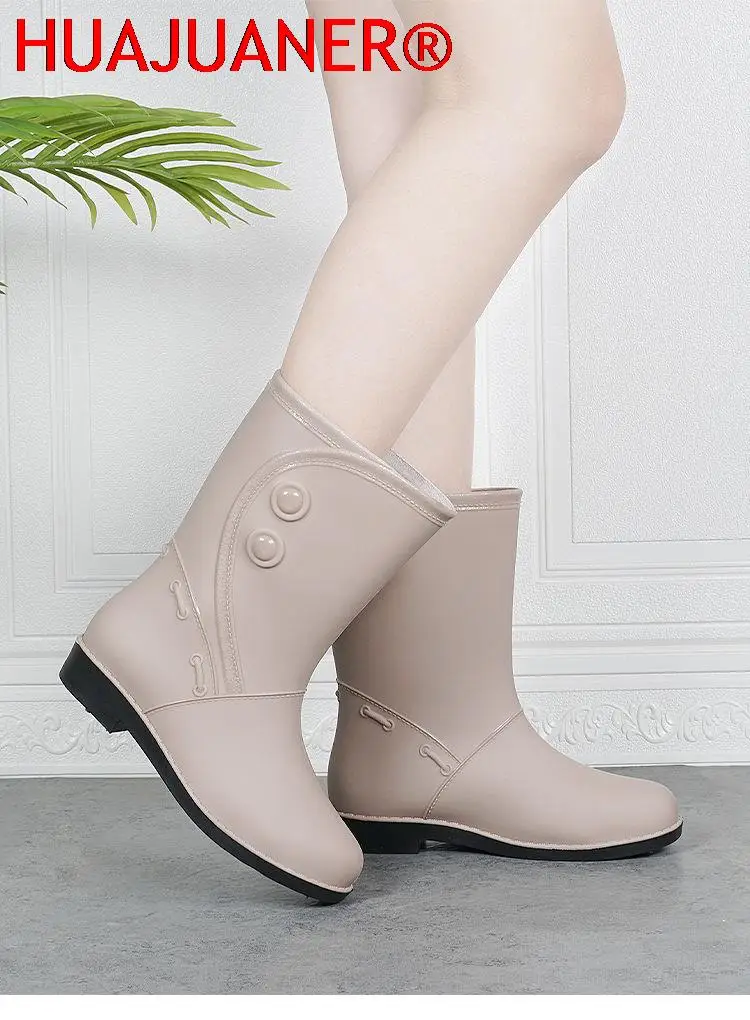 Rain Boot Women Plus Velvet Fashion Outer Wear Middle Women Raining Boots Waterproof Non-slip Ladies Adult Water Shoes