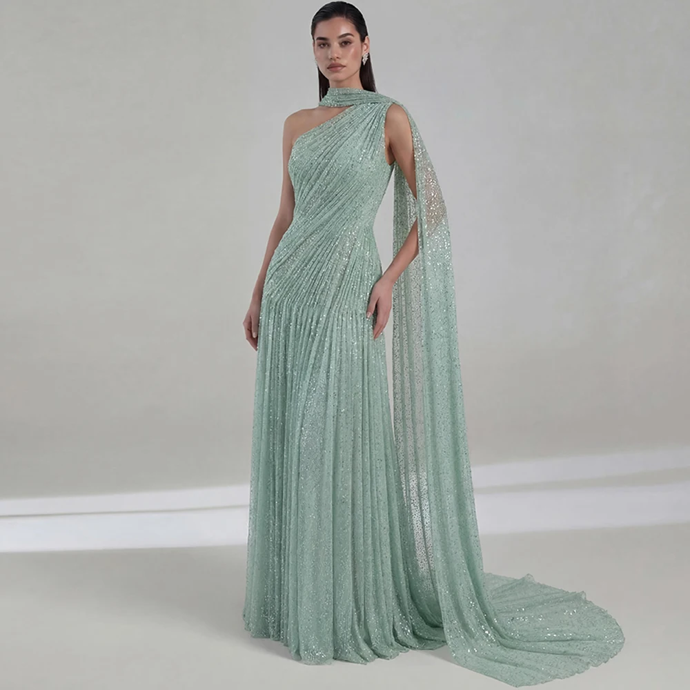 Elegantes Abendkleid aus grünem Tüll, exquisites Watteau-Schleppkleid, modische One-Shoulder-Kleider für besondere Anlässe, maßgeschneidert