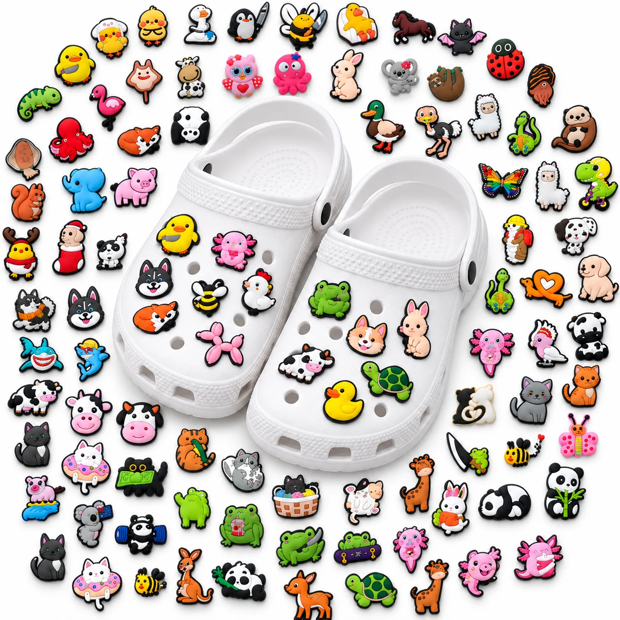 100pcs Cute Animal Shoe Charms Set Cat Dog Panda PVC Pins for Clogs Kawaii Pet Accessories Gift for Girls Kids Teens Women