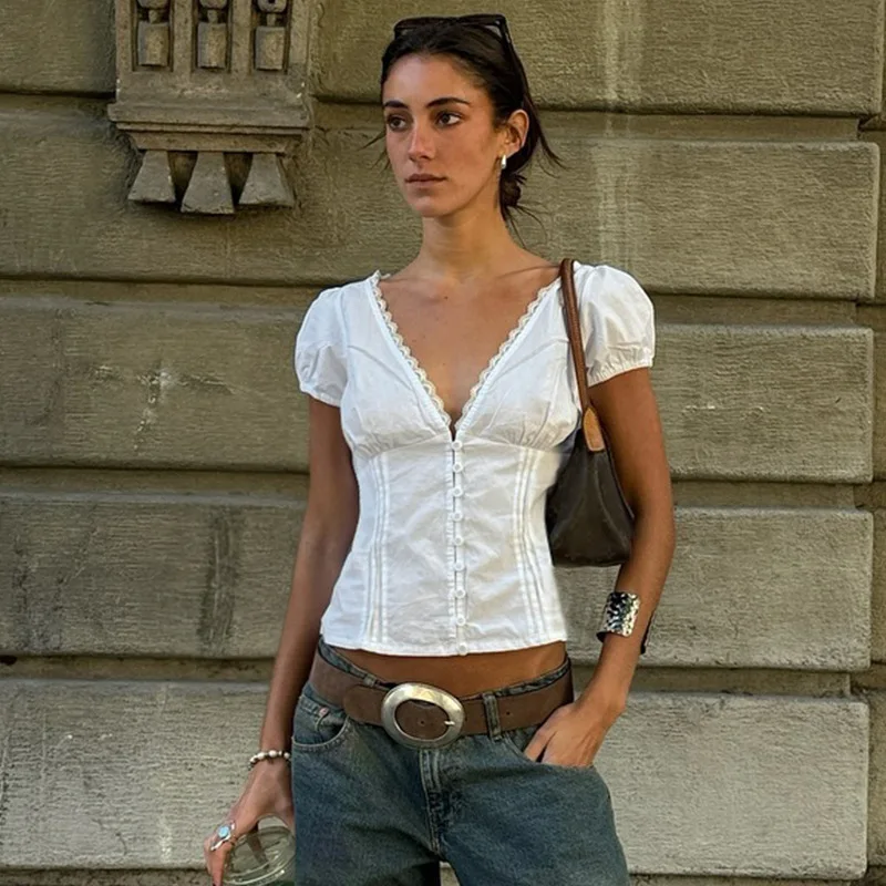 

Sweet Sle Lace Patchwork V-ne Bubble ort Sve irt Women's Slim Fit Sweater T Top for Young Women Autumn Wear